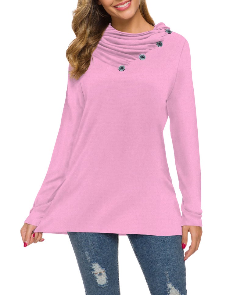 WEACZZY Womens Long Sleeve Shirts Button Cowl Neck Casual Loose Tunic Tops Blouse Dressy (Medium, 09 Pink) - Image 4